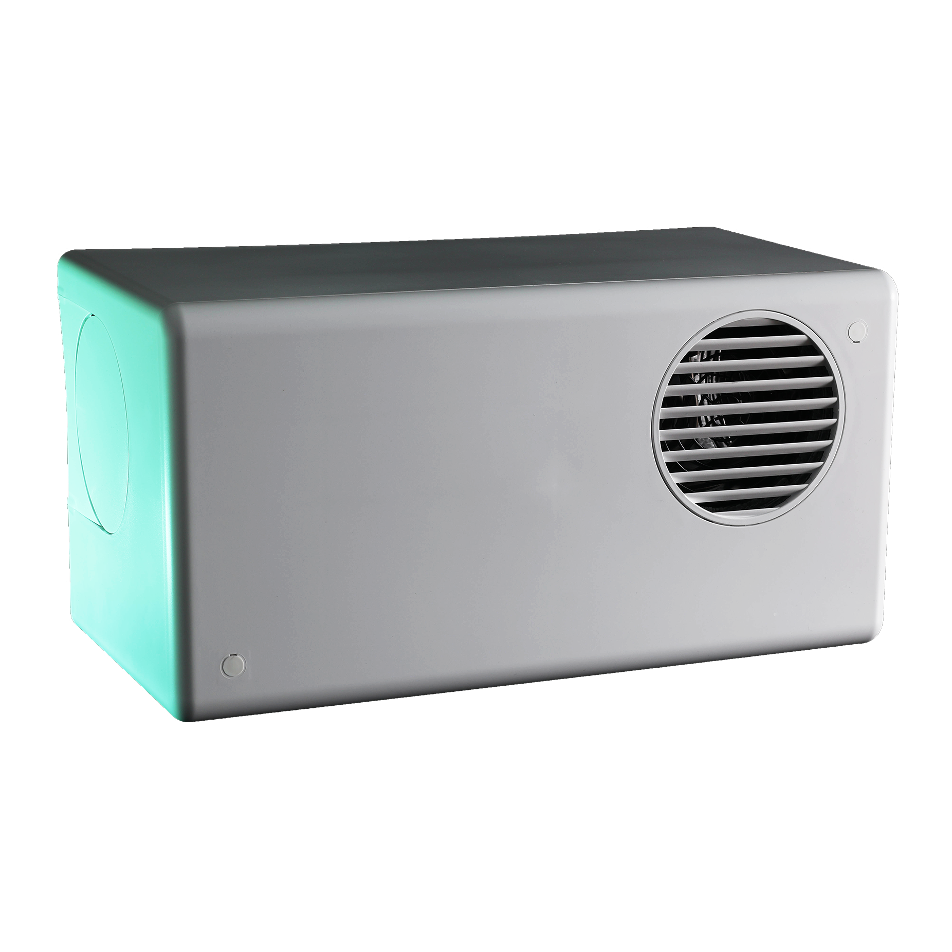 Rectangular white ventilation system with teal lighting on a transparent background