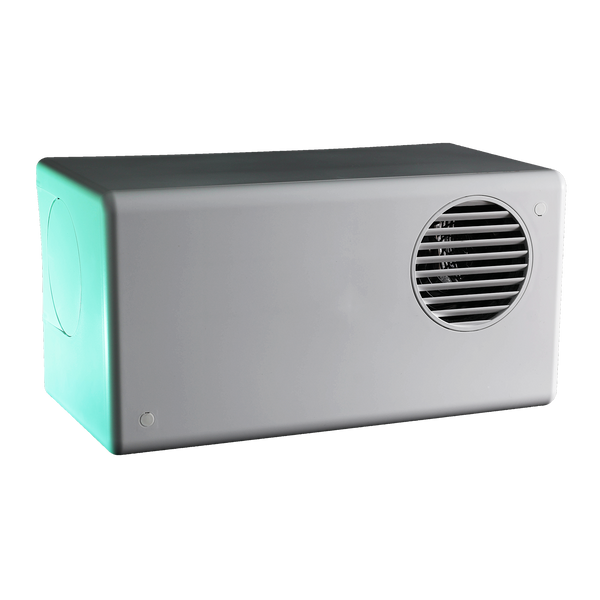 Rectangular white ventilation system with teal lighting on a transparent background