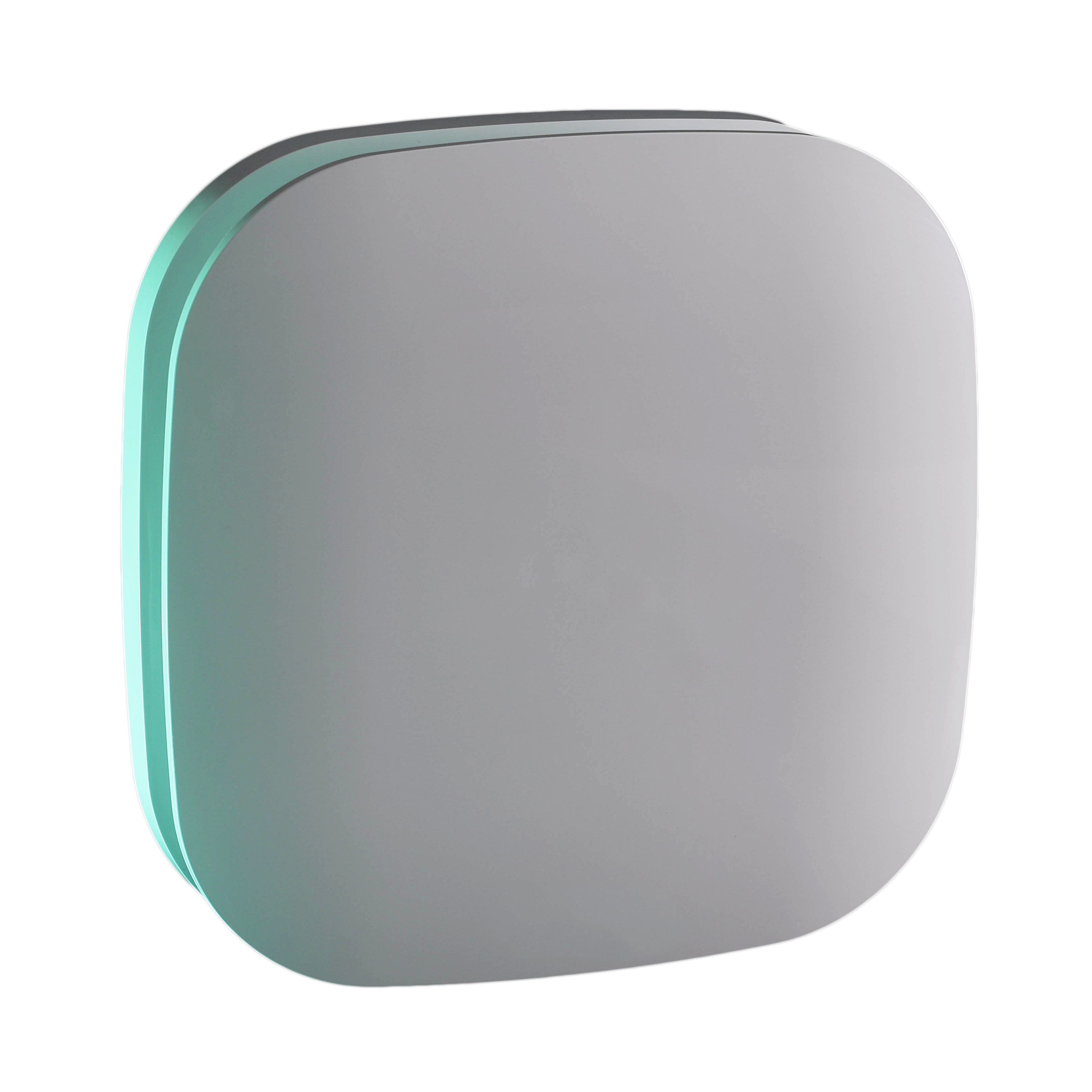 Rectangular thin ventilation system with a teal lighting tint on a white background