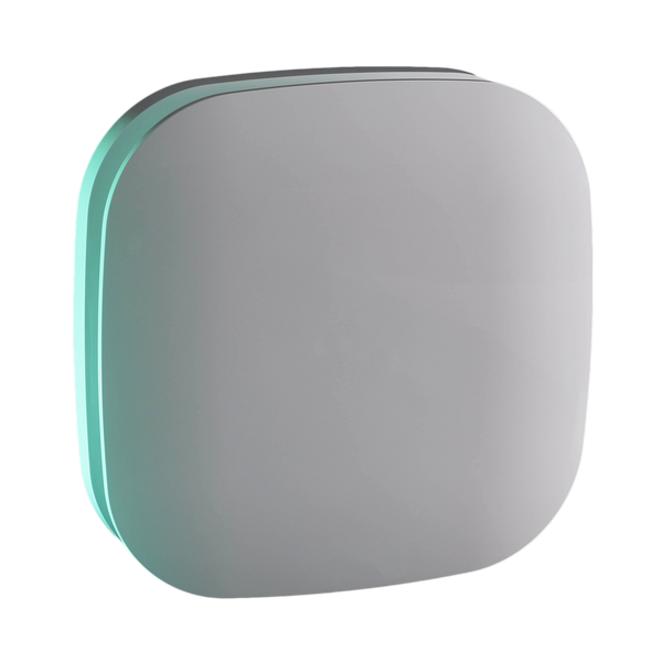 Rectangular thin ventilation system with a teal lighting tint on a white background
